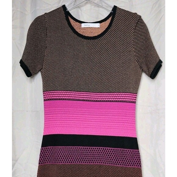 Skovhuus Danish Designer Vibrant Striped Knit Short Sleeve Stylish Sweater Dress - Picture 2 of 13